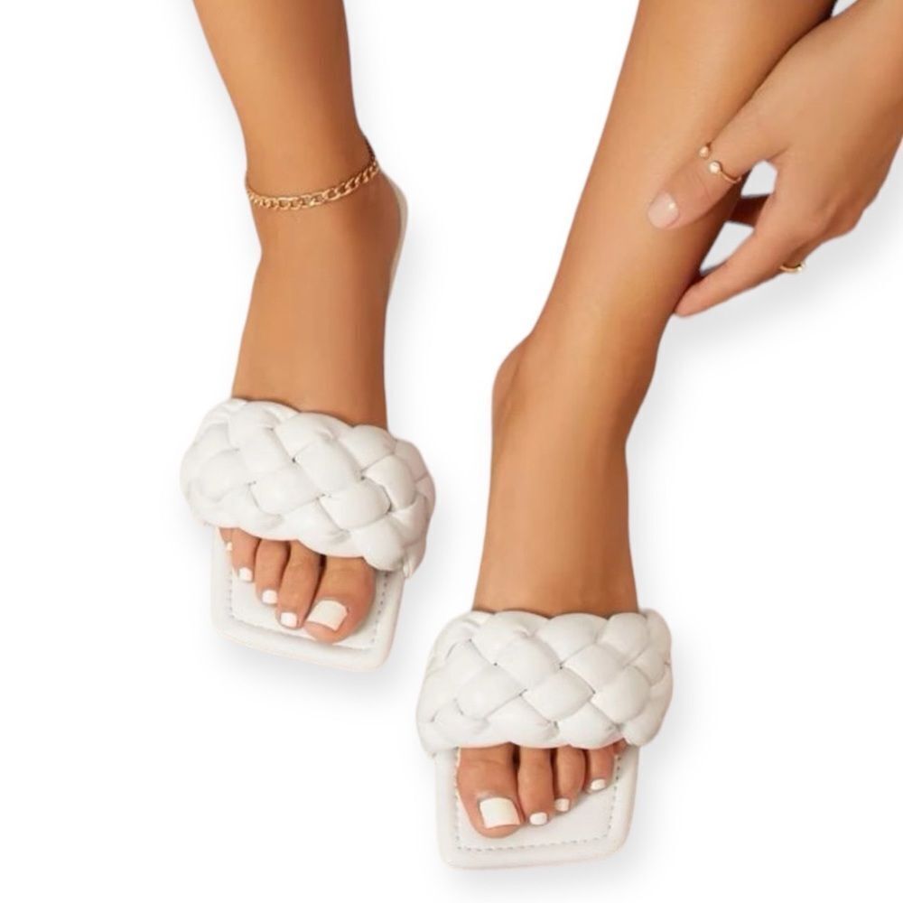 🔃Square Toe White Woven Braided Strap Slide Sandals